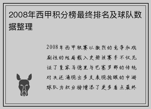 2008年西甲积分榜最终排名及球队数据整理