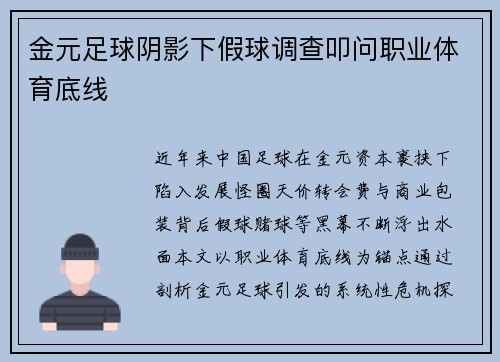 金元足球阴影下假球调查叩问职业体育底线